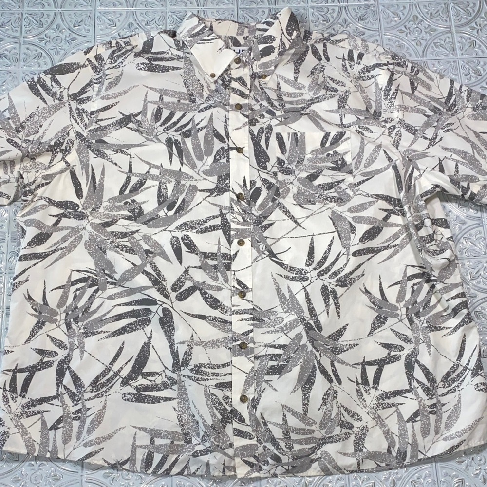DXL Harbor Bay Tropical Bamboo Print White/Gray Mens 2XL Button-Up Shirt